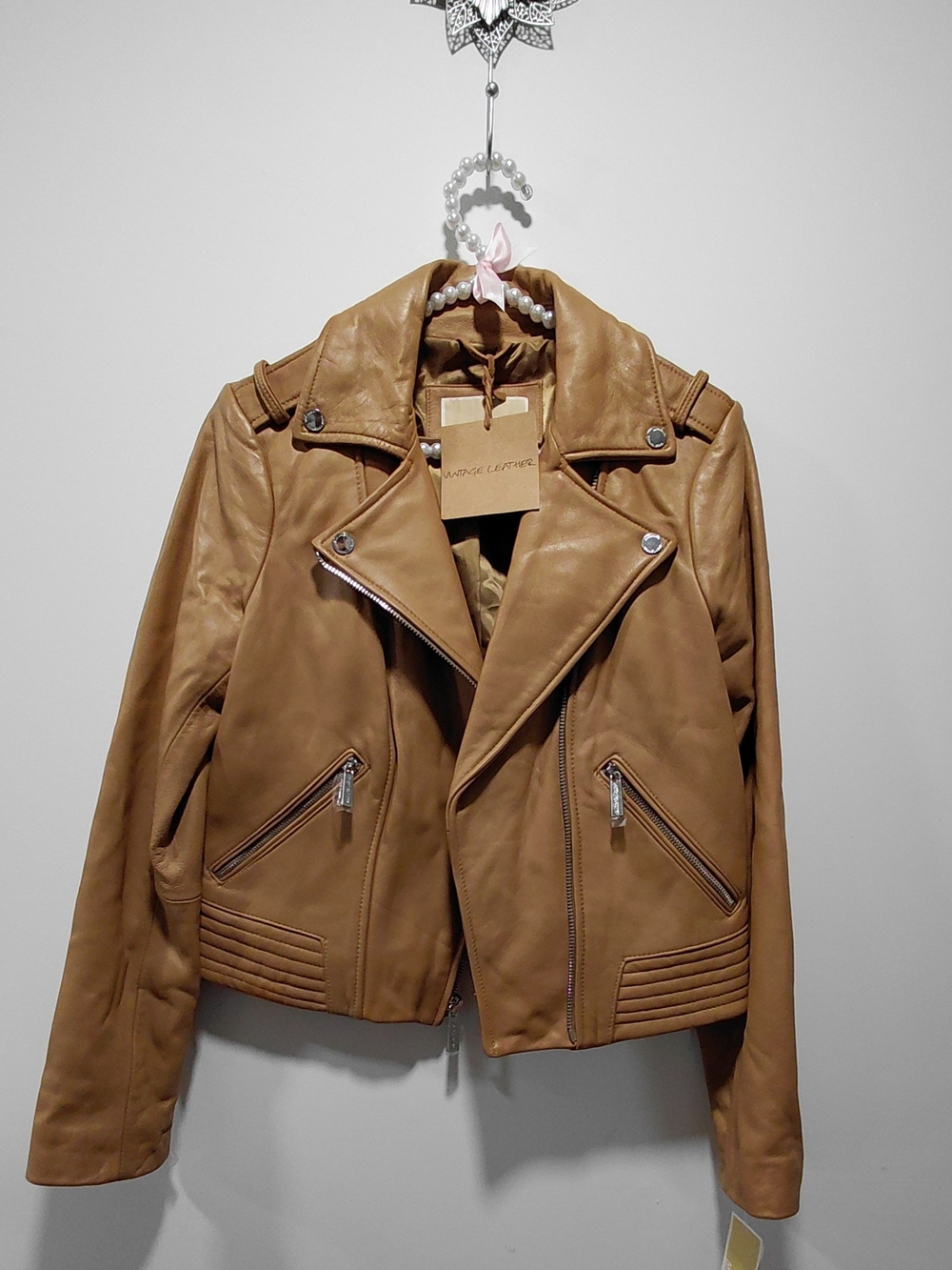 Michael Kors-Tan Leather Womem Moto Jacket Size Small